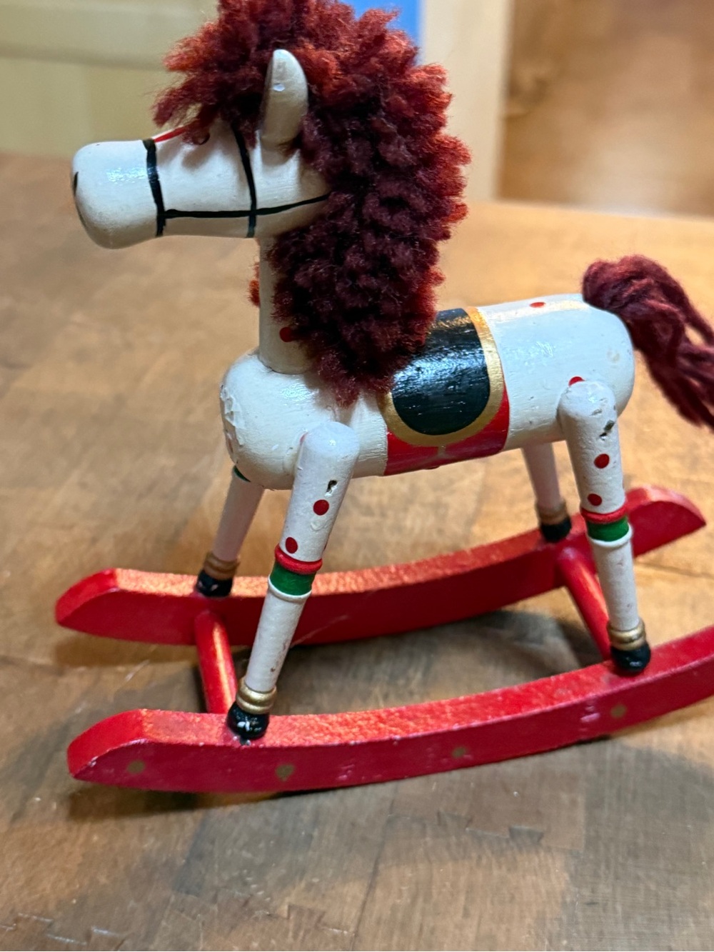 Vintage Russ White Red Holiday Wooden Rocking Horse Brown Yarn Mane Folk Art